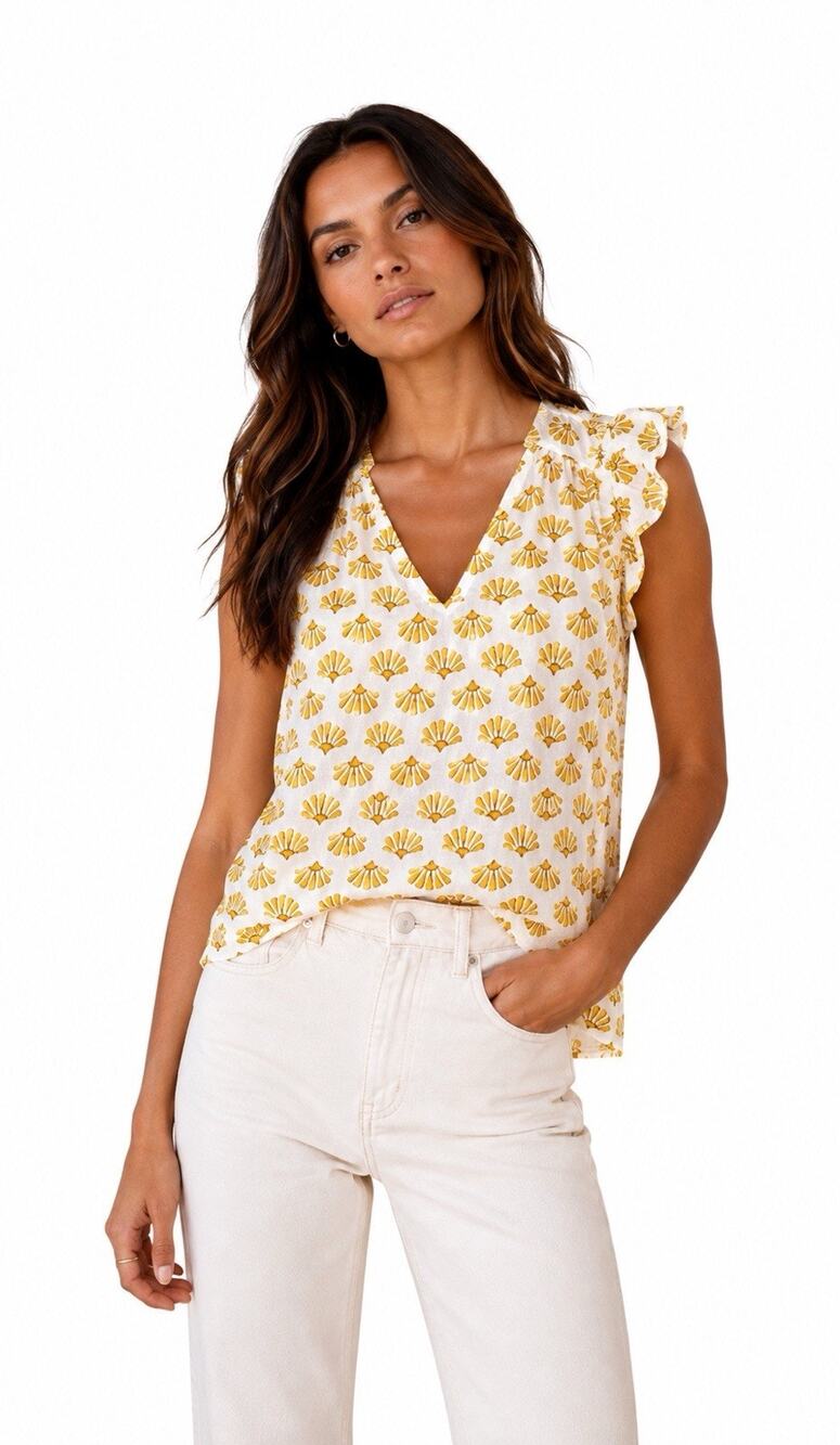 J.Crew Ruffle Shoulder Sleeveless Top White Mustard Shell Print V-Neck Women XL